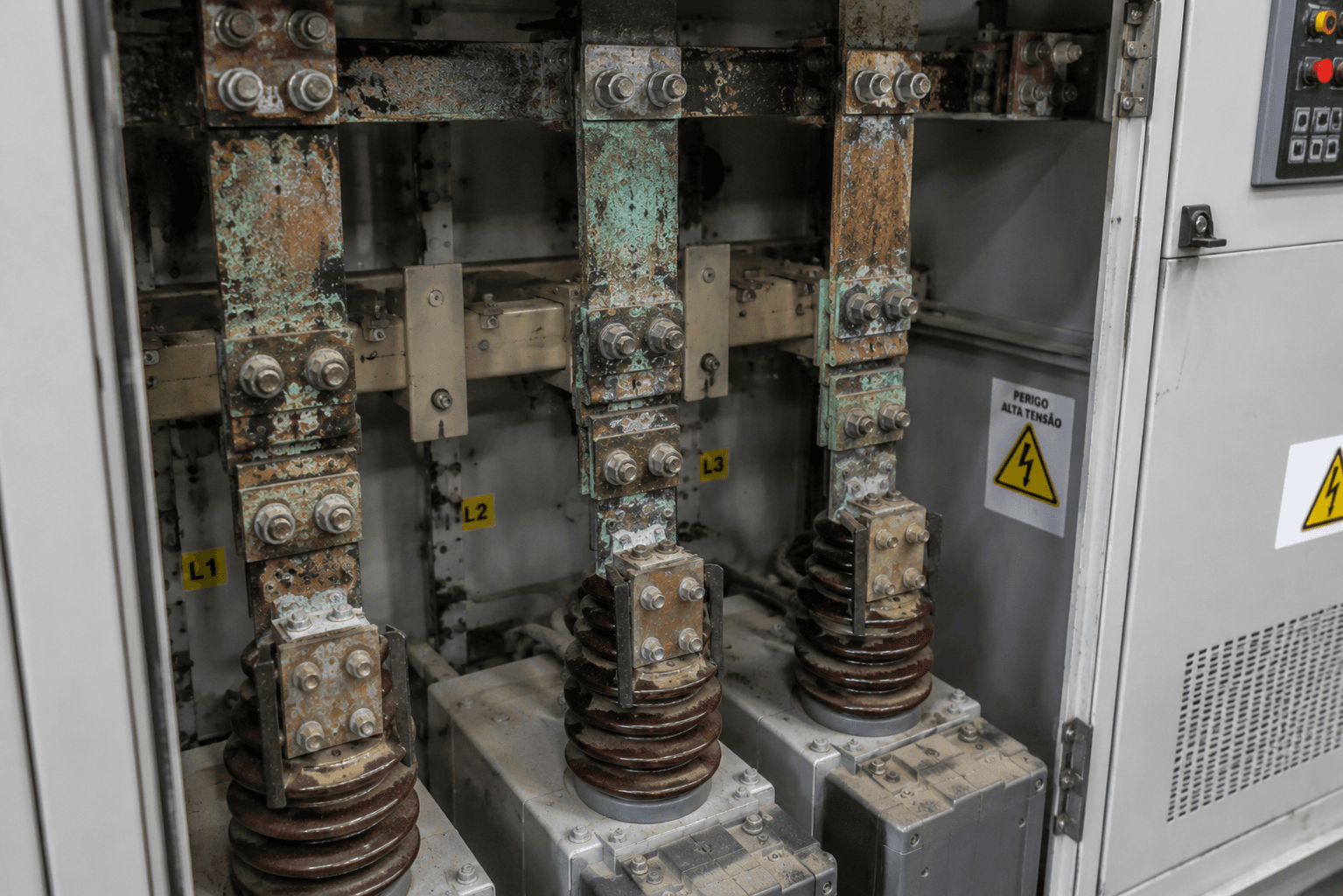 Barramentos de cobre de painel elétrico corroídos