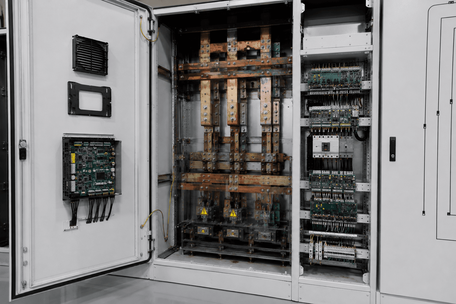 Painel de sala elétrica com barramentos corroídos e CLPs