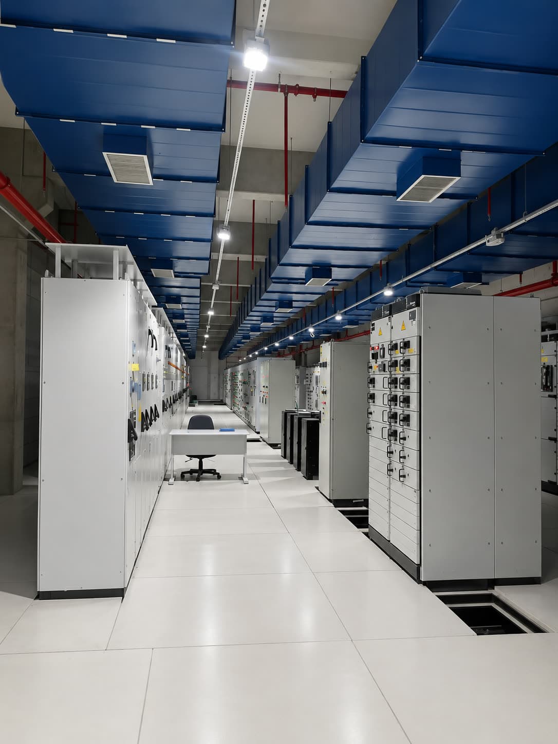 Ar refrigerado distribuído sobre uma fileira de painéis e CCM em sala elétrica