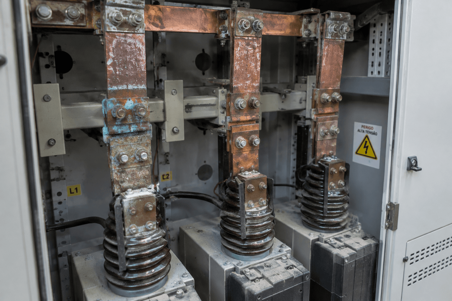 Barramento de cobre corroído em painel elétrico industrial