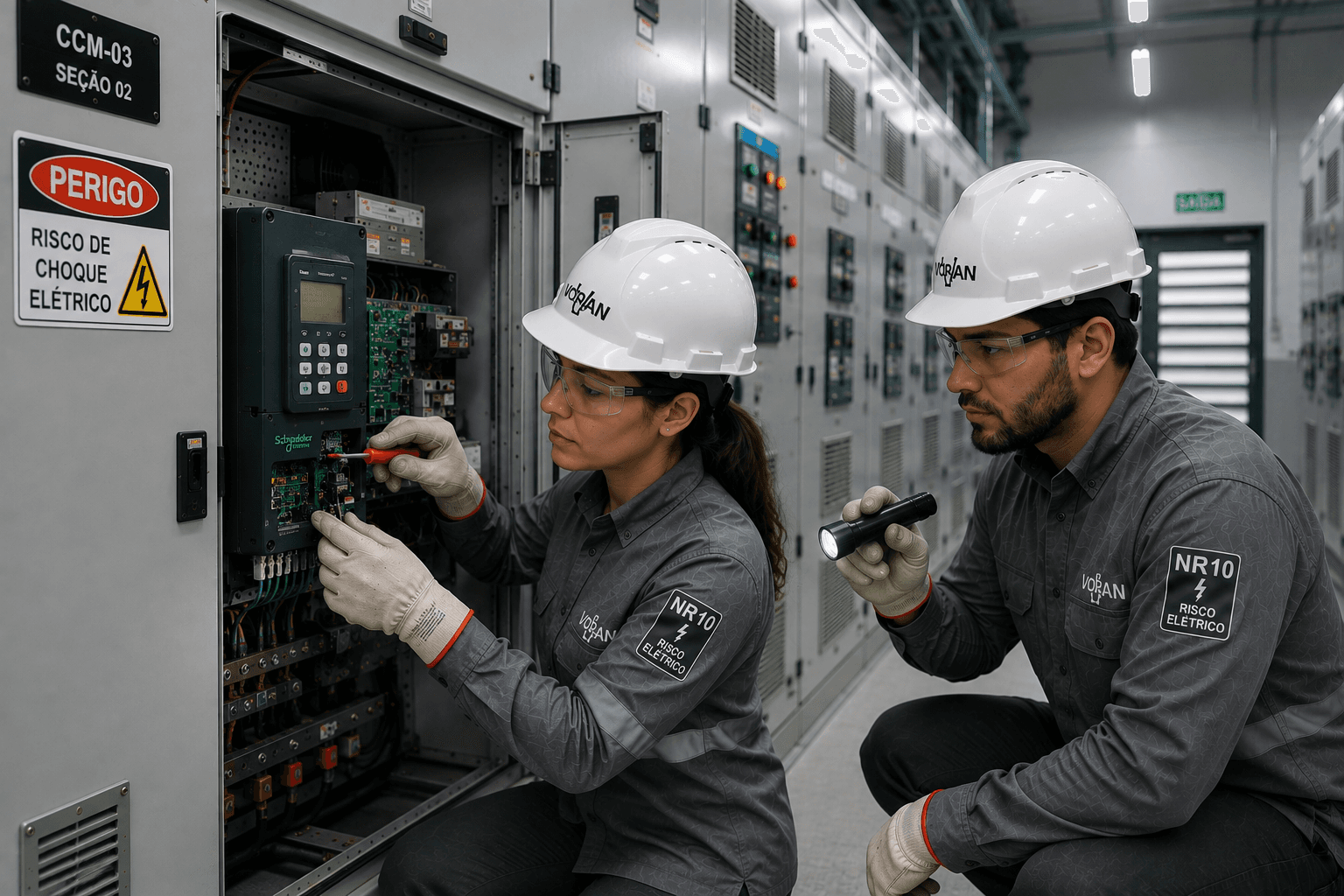 Eletricistas Voran em manutenção dentro de painel elétrico